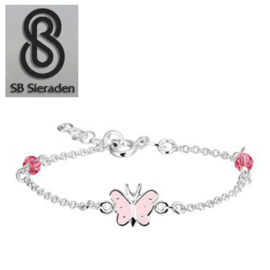 Meisjesarmband - Roze Swarovski kristal en roze  vlindertje