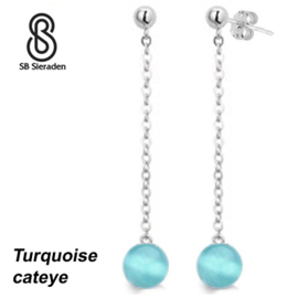 Oorhangers met stekers.  Handgemaakt - ECHT ZILVER - Turquoise cateye