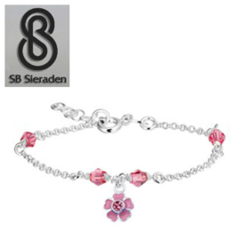 Meisjesarmband - Roze Swarovski kristal en roze BLOEM Bedel