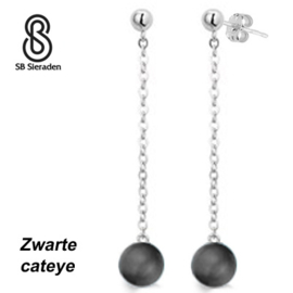 Oorhangers met stekers.  Handgemaakt - ECHT ZILVER - Zwarte cateye