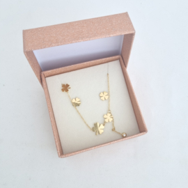 Cadeauset klavertjes goud (ketting + oorbellen)