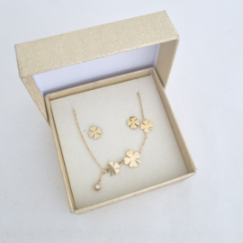 Cadeauset klavertjes goud (armband + oorbellen)