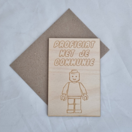 Houten kaartje 'Proficiat met je communie' lego met envelop