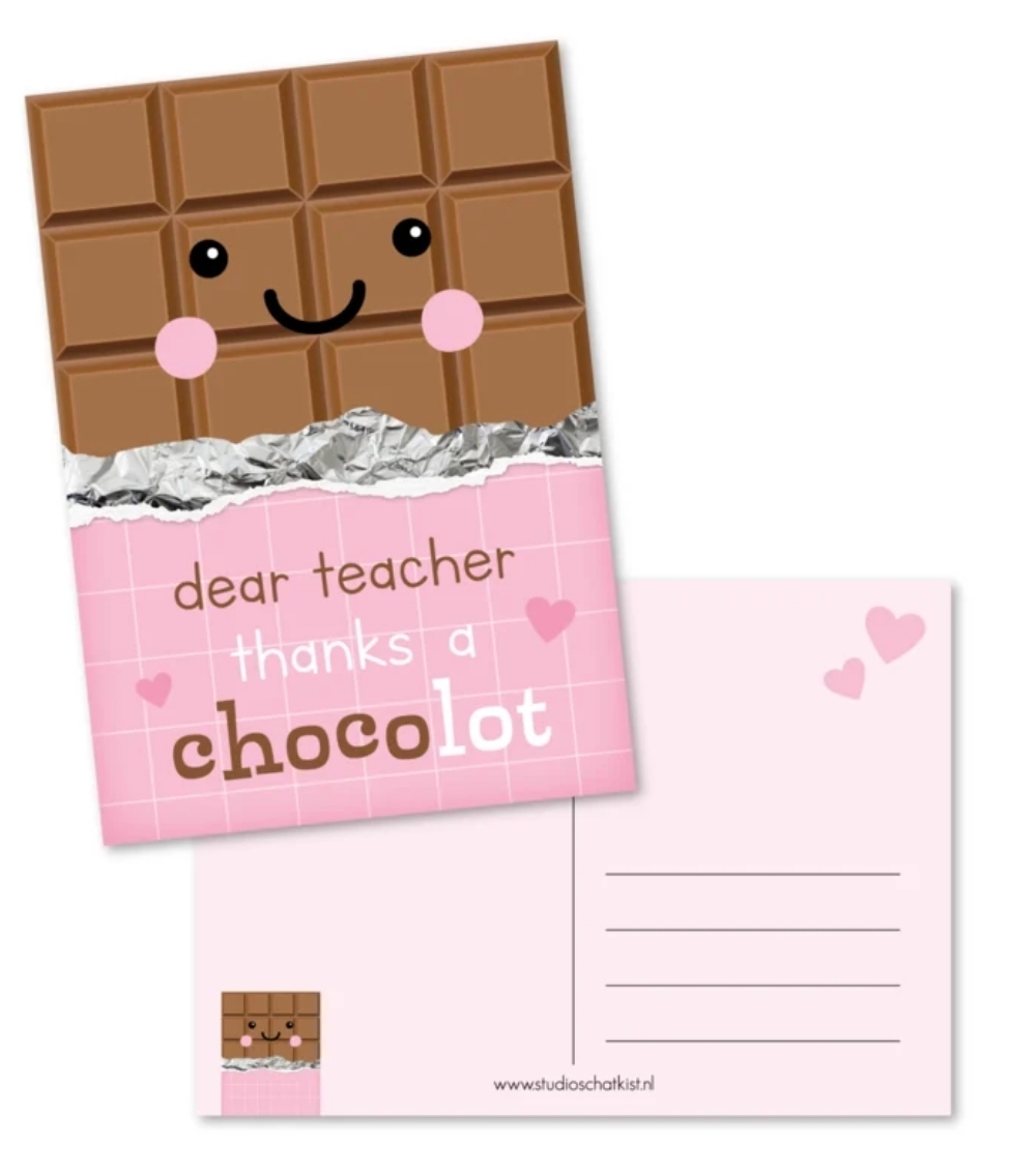 Kaartje 'Dear teacher thanks a chocolot'