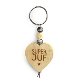 Houten sleutelhanger hart 'Super juf'