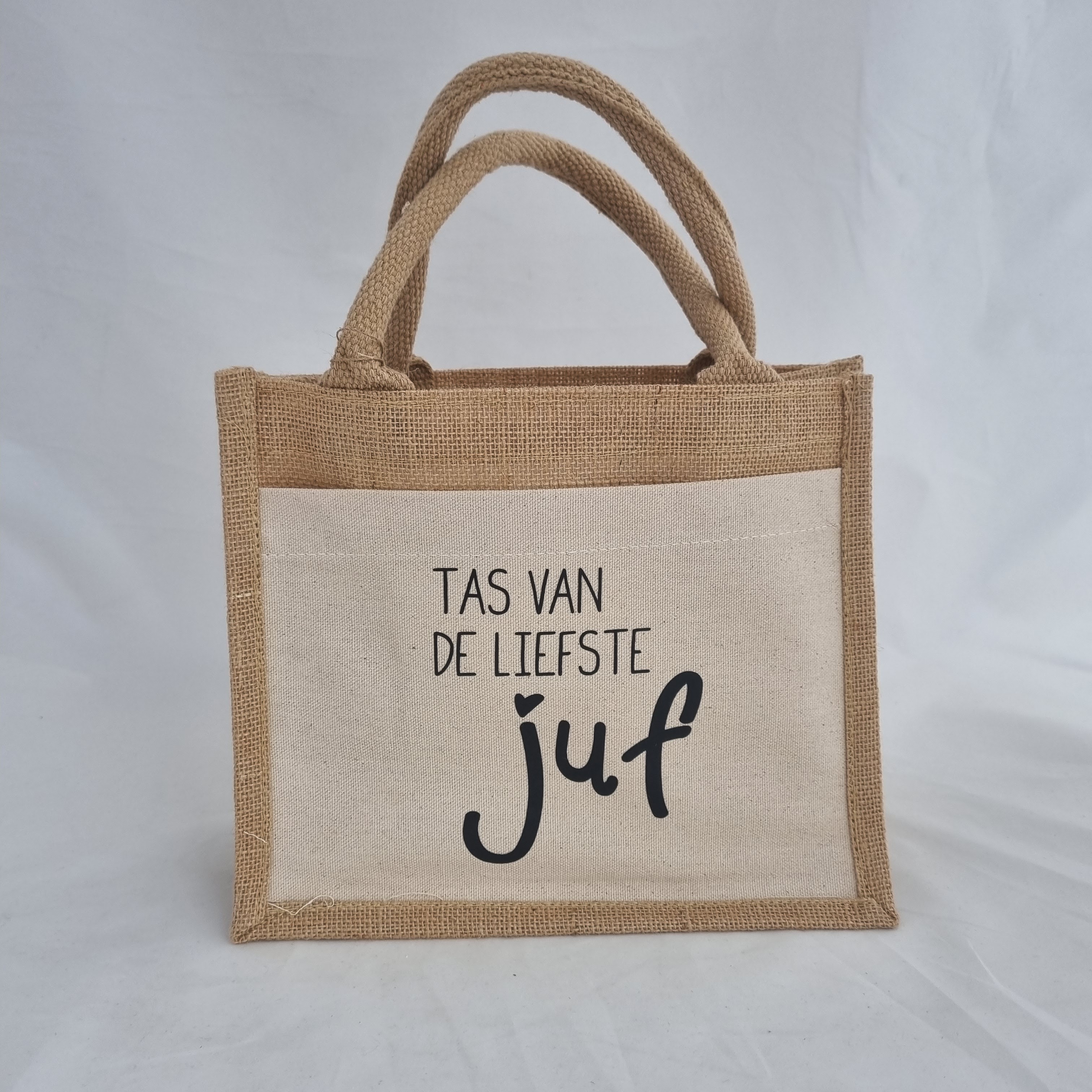 Kleine jute draagtas met katoenen voorzak 'Tas van de liefste juf'