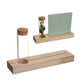 Houten memory shelf met glazen koker/vaasje