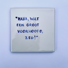 Tegel: "Haha, wat een groot voorhoofd, zeg!"