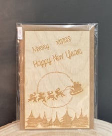 Houten kerstkaart Merry Xmas - Happy New Year incl enveloppe
