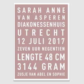 Baby tekstposter met eigen tekst - in 20 kleuren