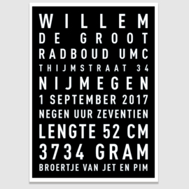 Baby tekstposter met eigen tekst - in 20 kleuren