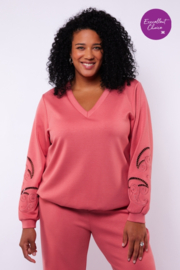 Exxellent  Fiene sweater V-hals koraal roze met opengewerkte mouw