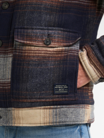 Petrol wollen jas gevoerd navy/blauw/beige geblokt jac114