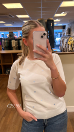 Top fijn gebreid wit met babyblauwe geborduurde hartjes