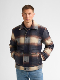 Petrol wollen jas gevoerd navy/blauw/beige geblokt jac114