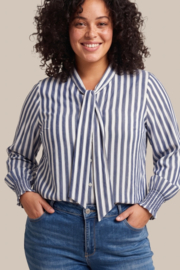 Exxcellent Esraa blouse gestreept denim met wit en met een strik sluiting