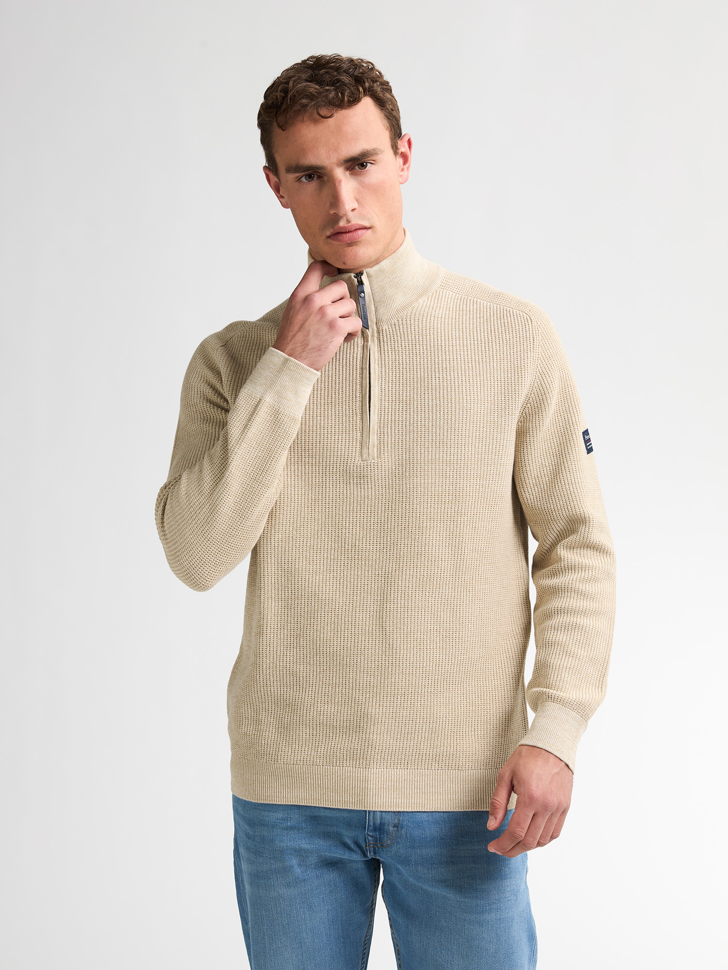 Petrol trui fijn gebreid beige met rits KWC227
