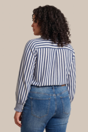 Exxcellent Esraa blouse gestreept denim met wit en met een strik sluiting