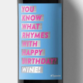 Sticker voor fles - Birthday rhymes with wine