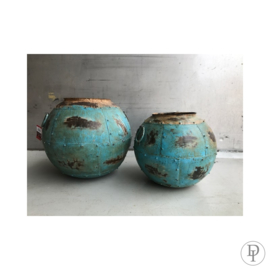 Oude metalen pot 35 cm turquoise