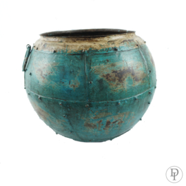 Oude metalen pot 35 cm turquoise
