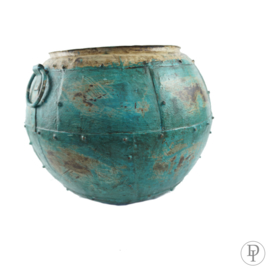 Oude metalen pot 35 cm turquoise