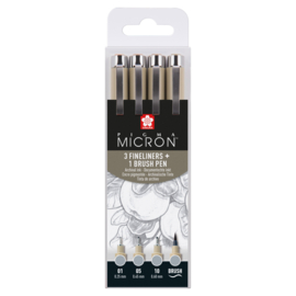 Sakura Pigma Micron set 3 Fineliners + 1 Brushpennen - Koudgrijs Licht