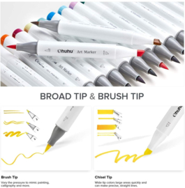 Ohuhu Alcohol based Art markers Brush & chisel - Basic Colors - set van 24 + Blender + etui