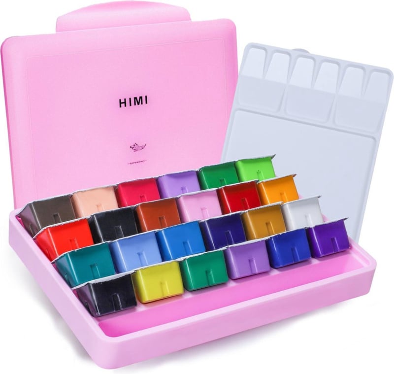 MIYA HIMI - Gouache - set van 24 kleuren x 30ml - in kunststof opbergbox roze