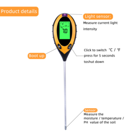 Bodem Meter, Bodem Tester, 4 in 1 Bodem Analyse, PH, vocht, licht, en temperatuur.