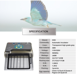 Broedmachine Smart & Flexibele Ei-capaciteit: 12 kippen/4 ganzen/9 eenden /24 duiven/35 kwartel met schouwlamp model 2022