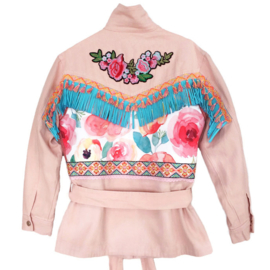 Pink embellished jean jacket boho western style with flowers
