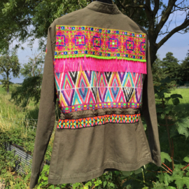 Embellished denim jacket khaki neon India trim