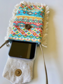 Phone bag in Ibiza style with Aztec pattern and peace patch