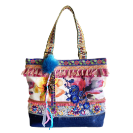 Big Ibiza tote handbag with flower fabric old denim and fringe