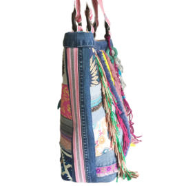 Grote tote handbag patchwork jeans met gekleurde stof in Ibiza stijl