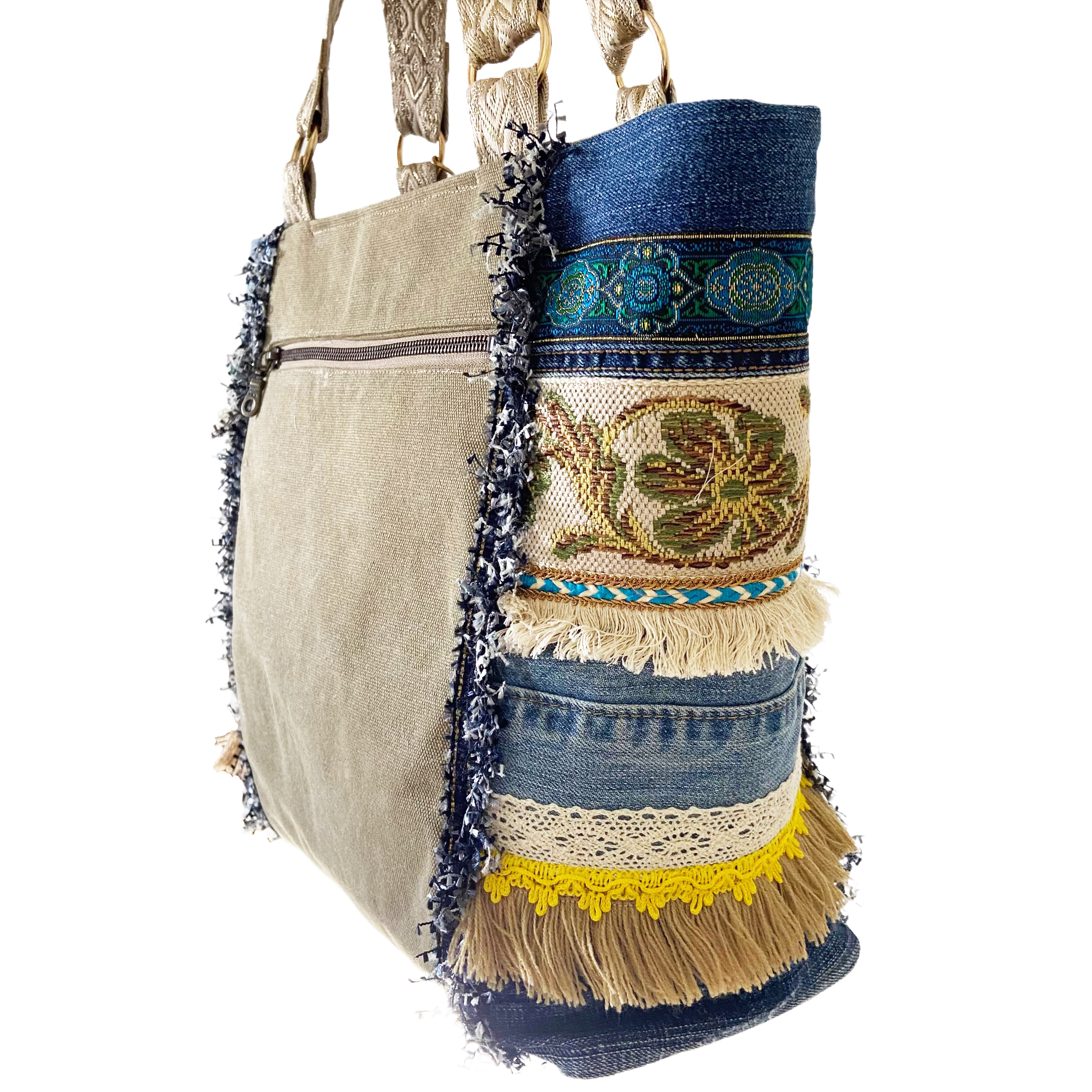Handgemaakte canvas handtas met ananasprint, denim details en panterprint voering