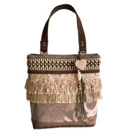 Tote handbag brown boho with flowers and fringes