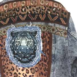 Embellished denim jacket with leopard print and tiger head