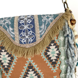Boho crossbody in Navajo style with fringe and old jeans