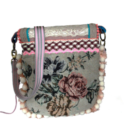Ibiza crossbody bag old pink roses with pompons