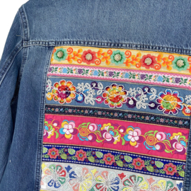 Ibiza denim jacket embellished with colored flower power trims