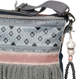 Boho crossbody with flowers in grey and pink