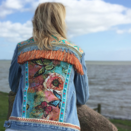 Embellished denim jacket with flowers butterfly in orange turquoise