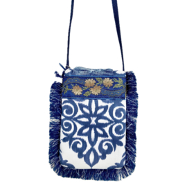 Phone bag in bohemian style with colored pattern and jeans flap