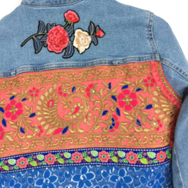 Embellished denim jacket Indian silk flower patch