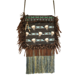 Festival purse bull heads with long fringe in brown