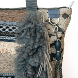 Tote handbag western style beige grey with fringes