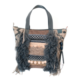 Tote handbag western style beige grey with fringes