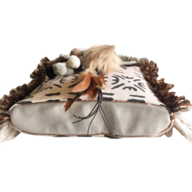 Crossbody bag ethnic style in cream and brown with fringe, pompom